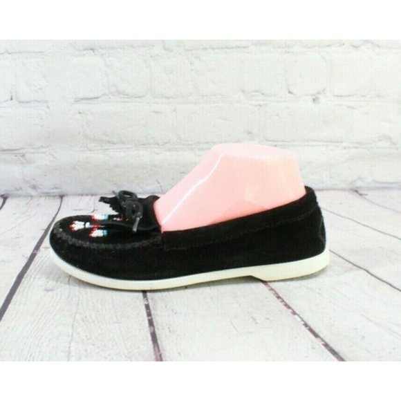 Minnetonka Black Suede Beaded Moccasins Slip On Flat Shoes Size 8 - Picture 2 of 9